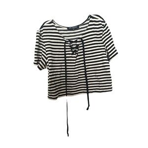 Black and White Striped Lace-Up Crop Top